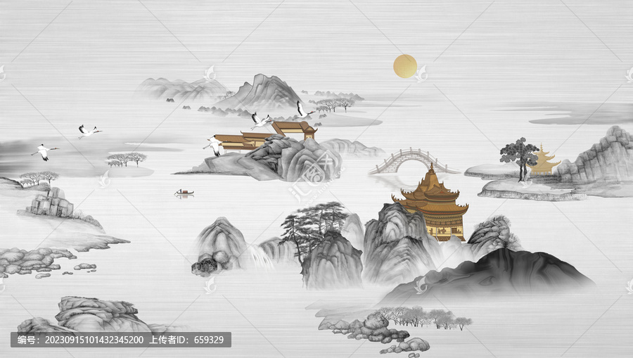 大型新中式山水背景墻壁畫