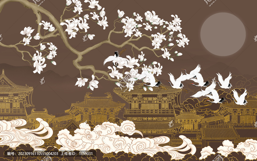 復(fù)古閣樓花鳥壁畫