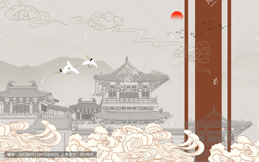 線描閣樓古建筑背景
