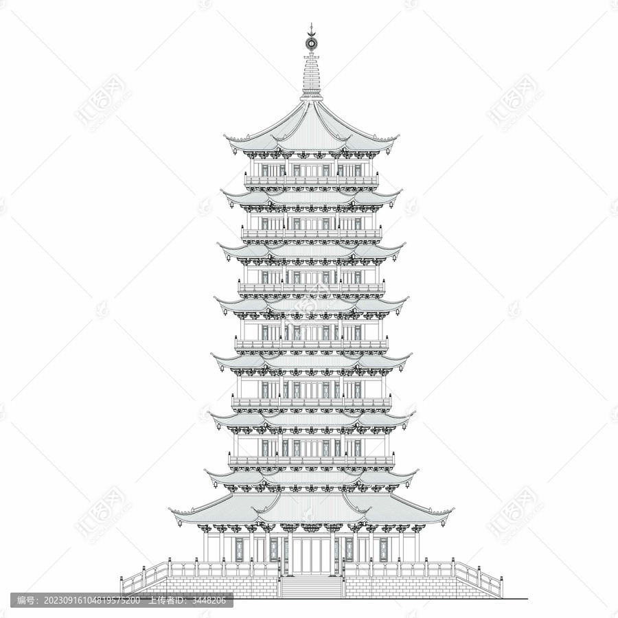 江南寶塔正立面純線稿圖