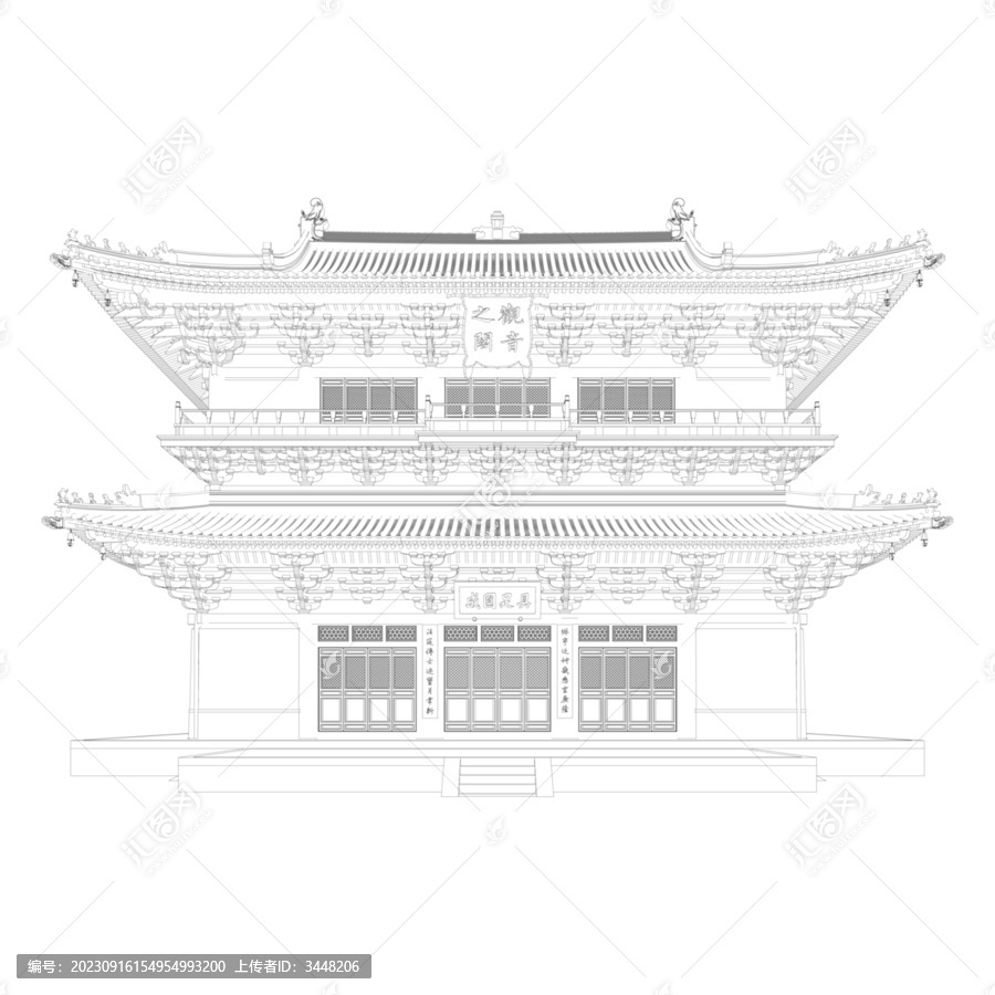 獨(dú)樂寺觀音閣立面線稿圖