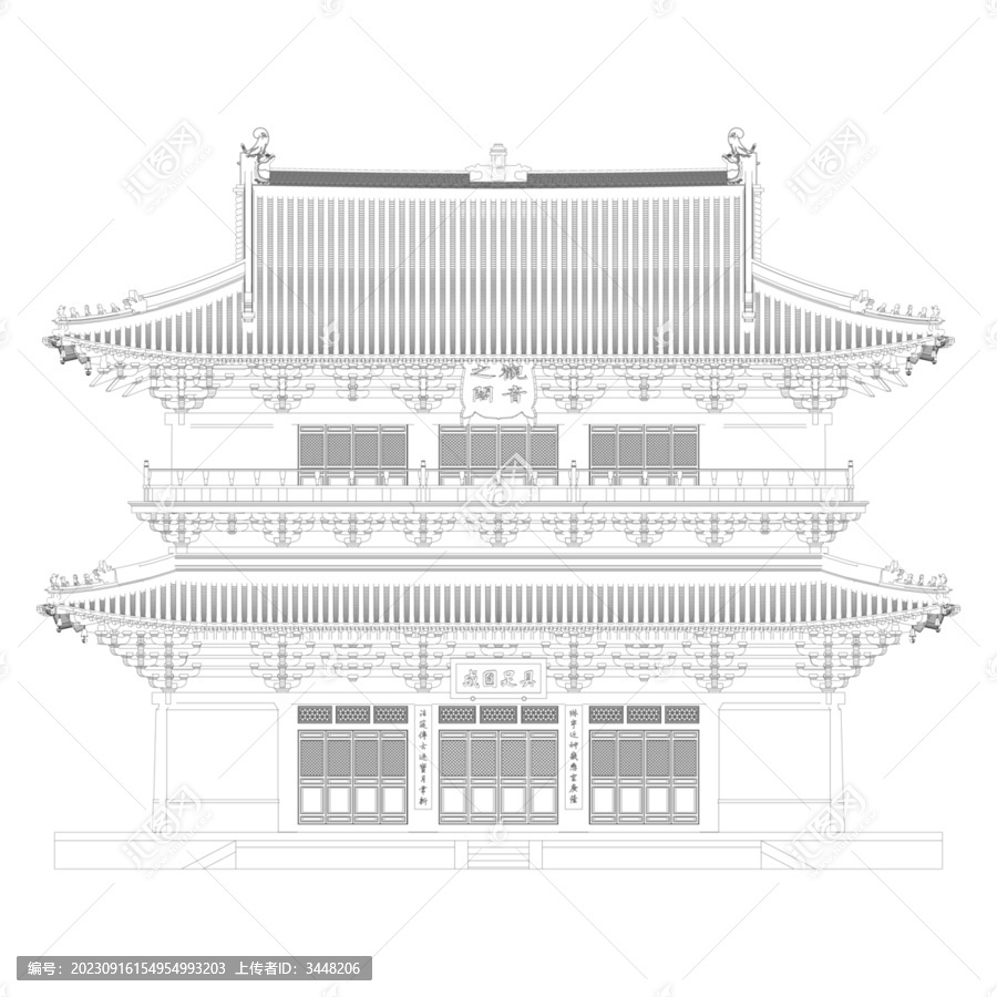 獨(dú)樂寺觀音閣正立面線稿圖