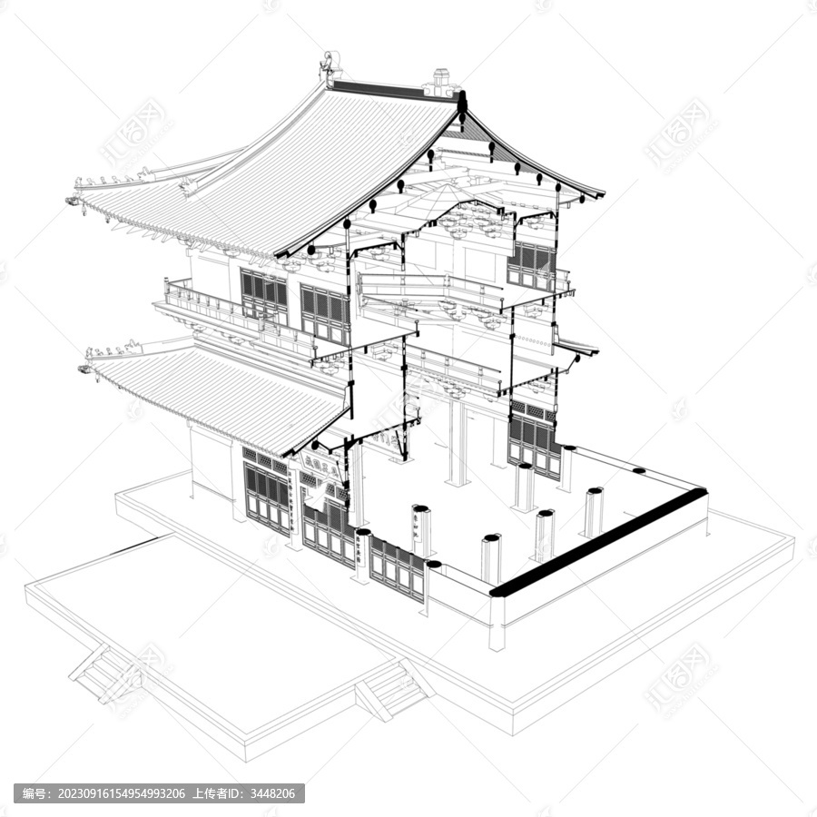 獨樂寺觀音閣軸測剖面線稿圖