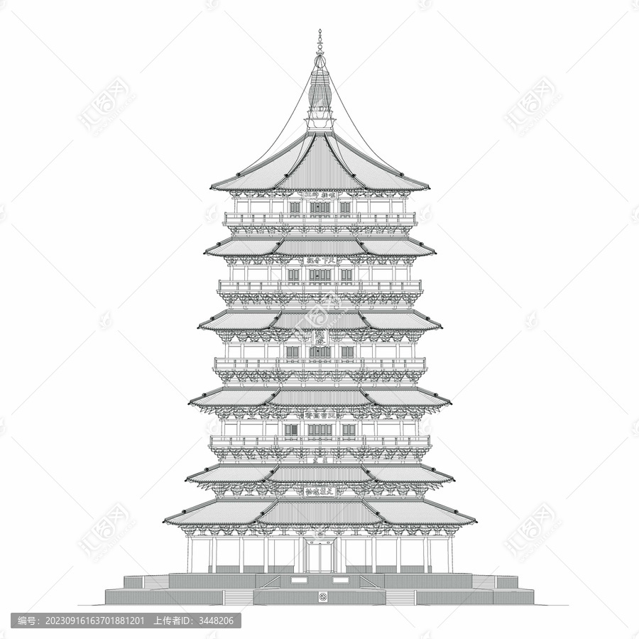 應縣木塔正立面線稿圖