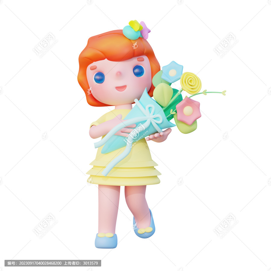 3D可愛(ài)卡通女孩手捧鮮花元素