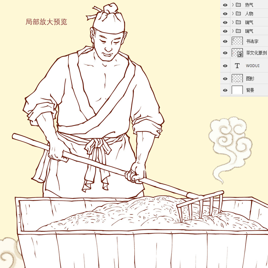 渥堆工藝制茶線描圖