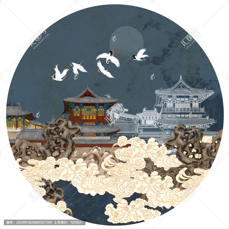 閣樓刺繡描線瑞鶴圖