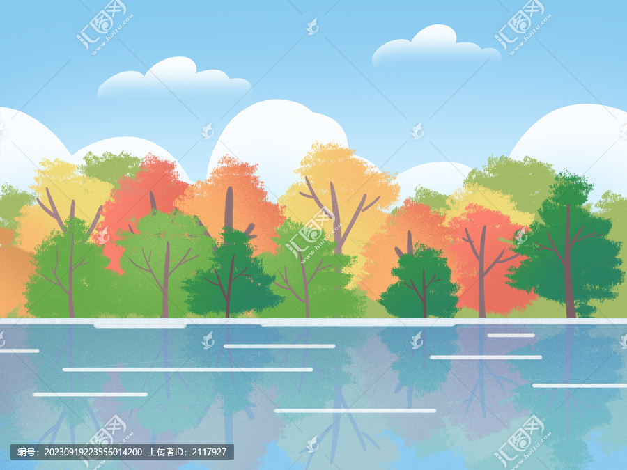 秋天風(fēng)景插畫樹林河流倒影