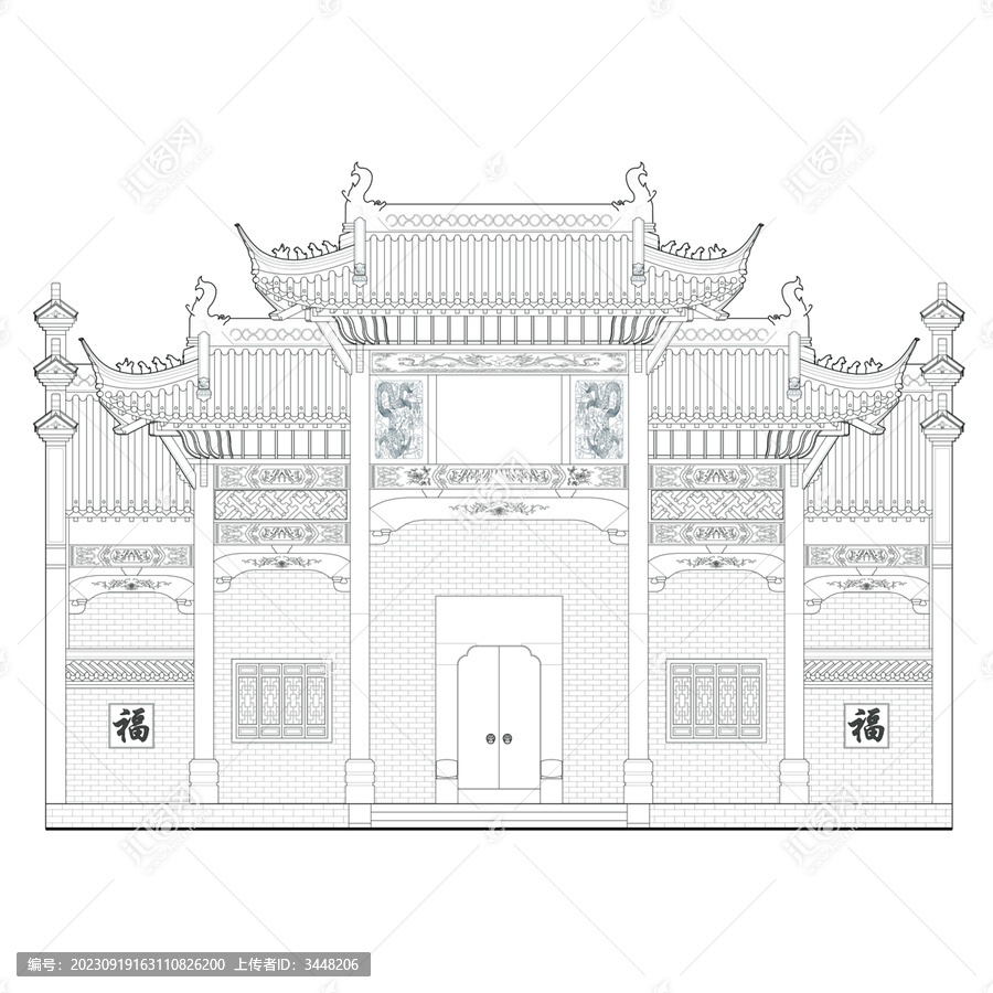 祠堂立面線(xiàn)稿圖