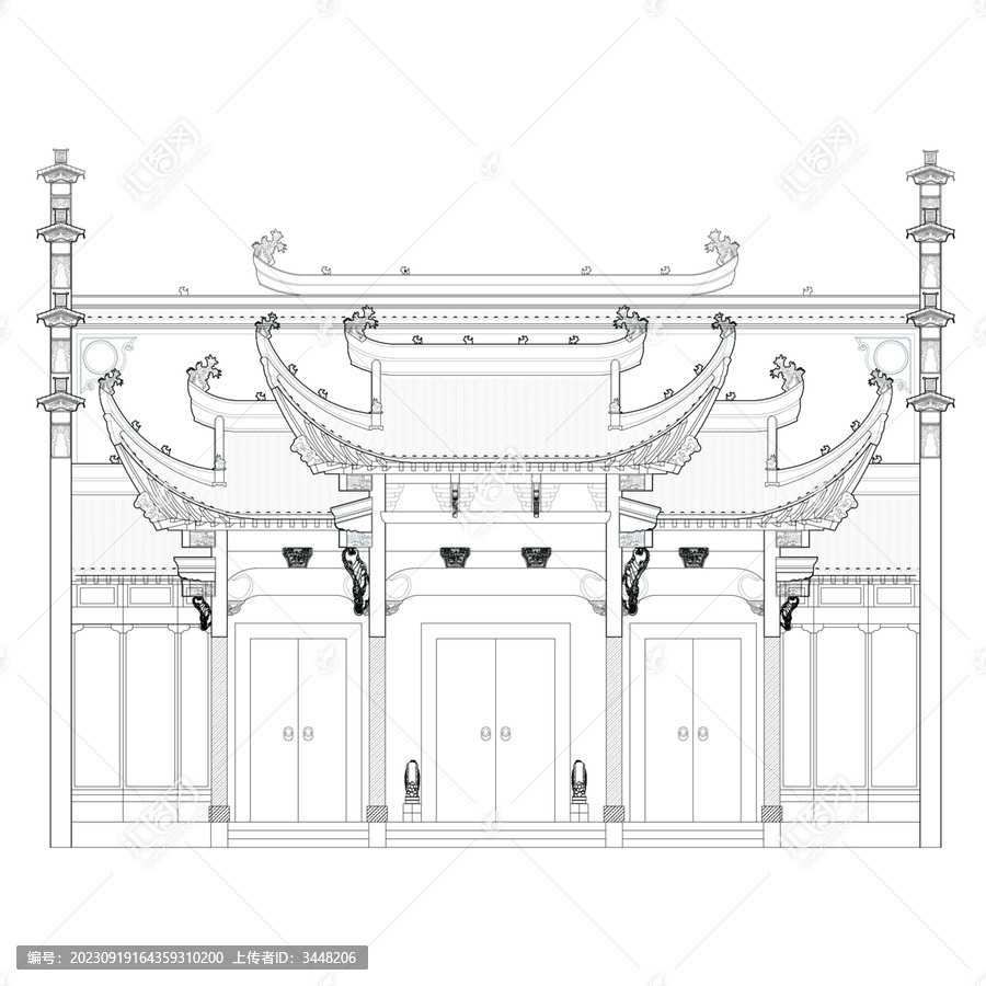 祠堂立面线稿图
