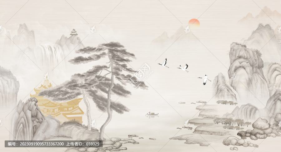 大型新中式樓閣山水背景墻