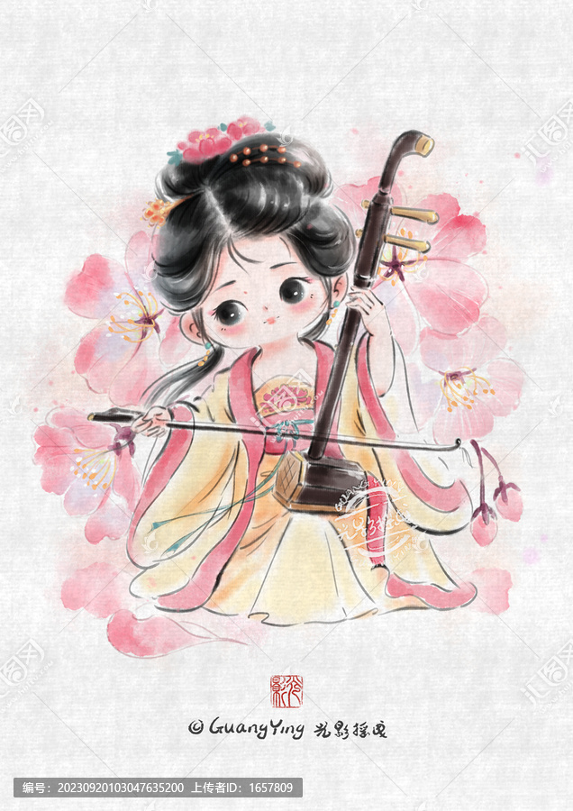 Q版二胡女孩水墨畫