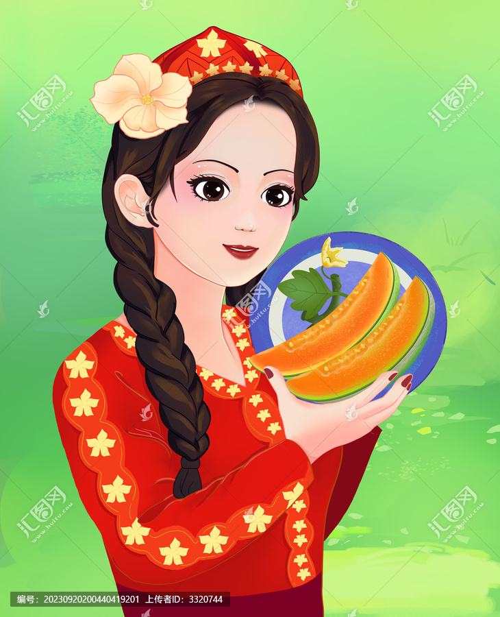 手繪新疆女孩和哈密瓜插畫
