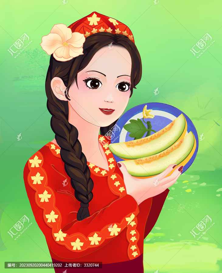 手繪新疆女孩和甜瓜插畫