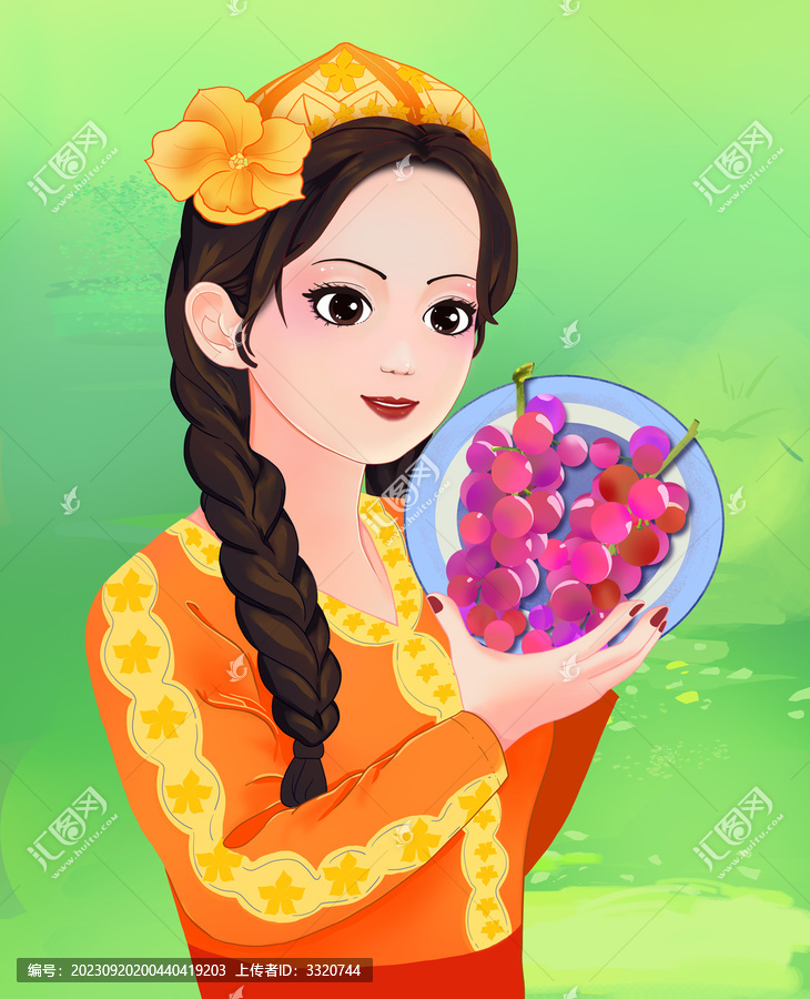 手繪新疆女孩紅提葡萄插畫