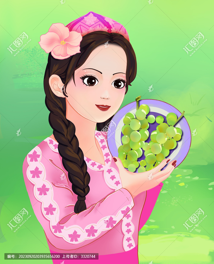 手繪新疆女孩葡萄插畫(huà)