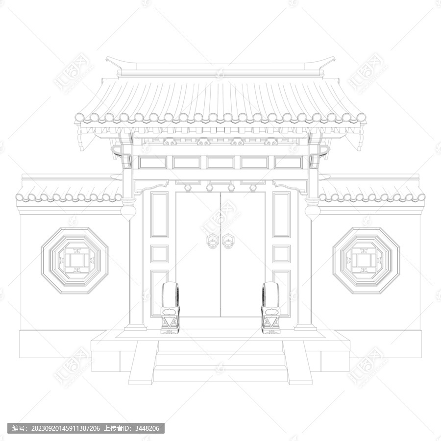 垂花門立面線稿圖