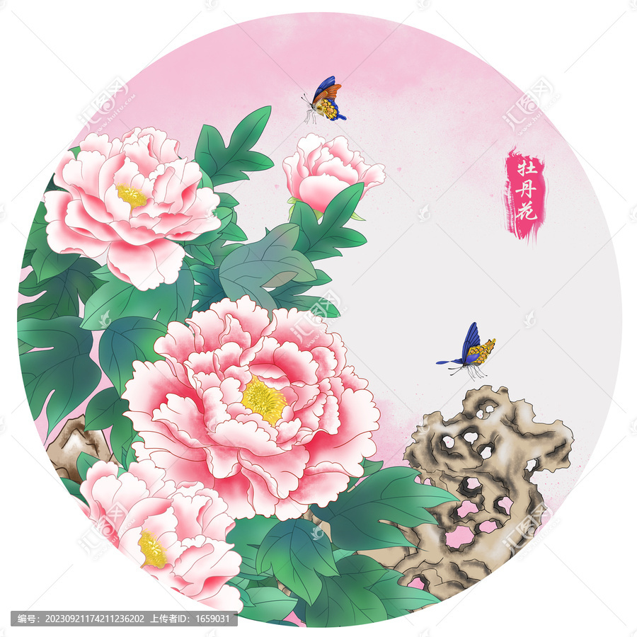 圓形牡丹花裝飾畫