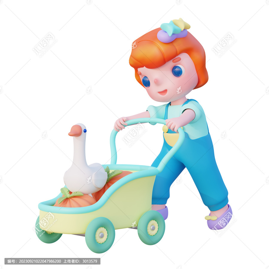 3D可愛卡通女孩推車勞動素材