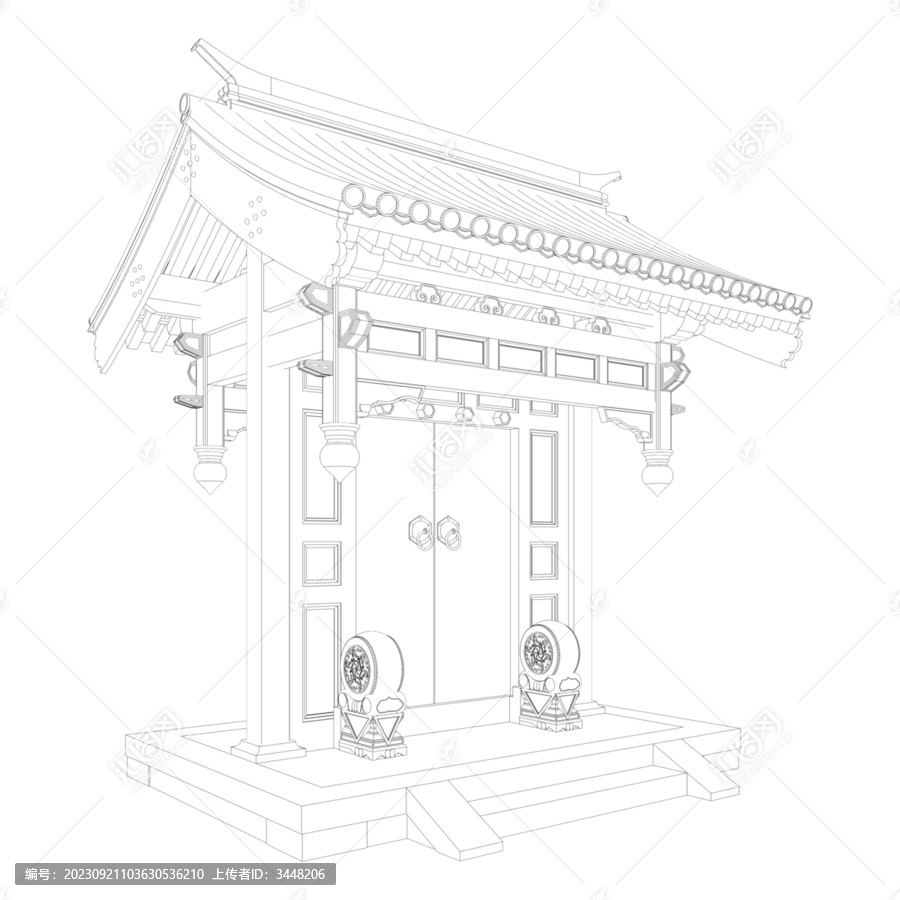 垂花門軸測線稿圖