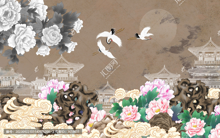 古典牡丹花背景墻壁畫