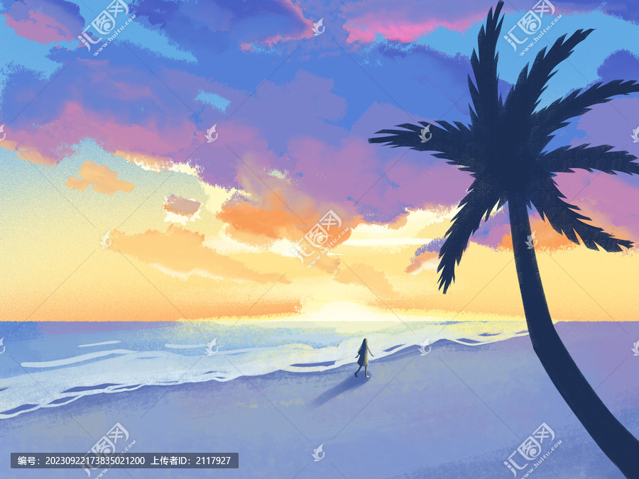 落日海邊女生散步風景