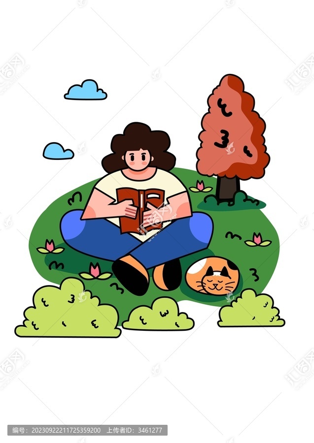 女孩草地上讀書扁平場景插畫