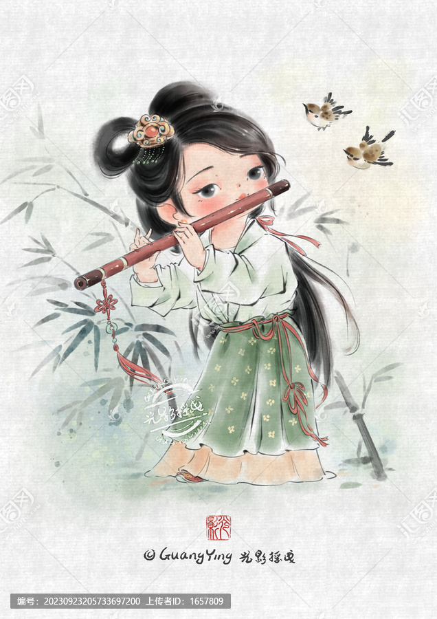 Q版古風(fēng)女孩吹笛子水墨插畫(huà)
