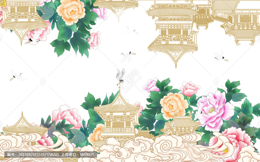 描金古建筑閣樓背景墻