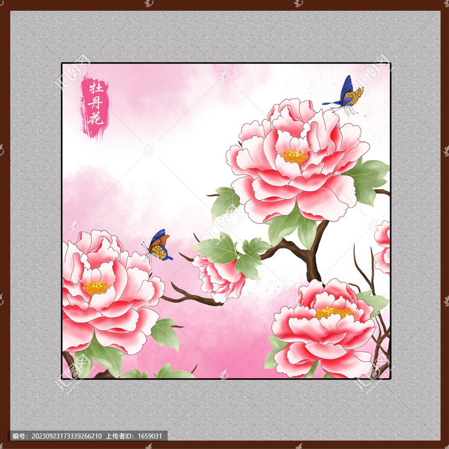 工筆牡丹花壁畫