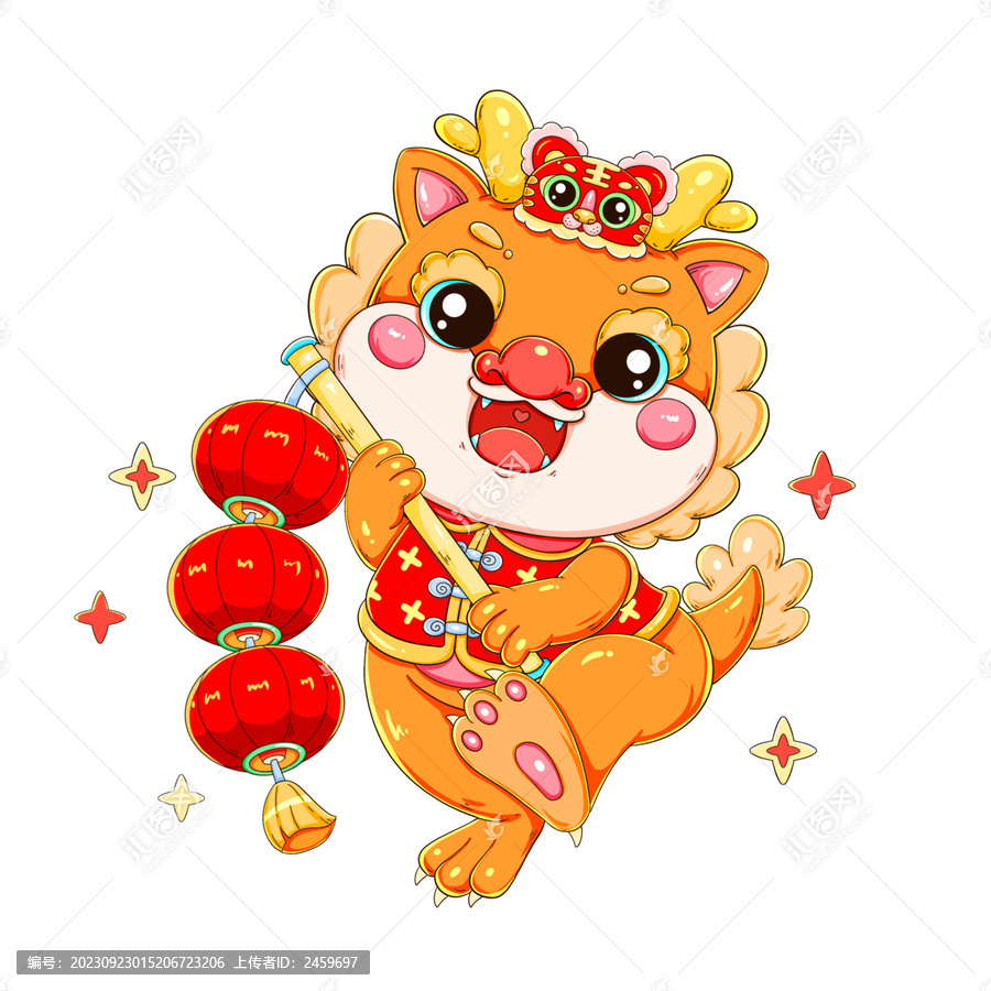 龍年春節(jié)卡通Q版掛燈籠小龍
