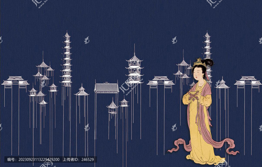 中式浮雕肌理唐代仕女壁畫