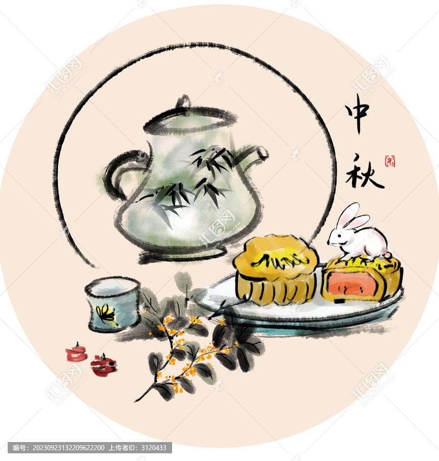 手繪中秋月餅中國畫水墨畫