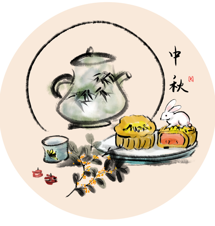 手繪中秋月餅中國畫水墨畫