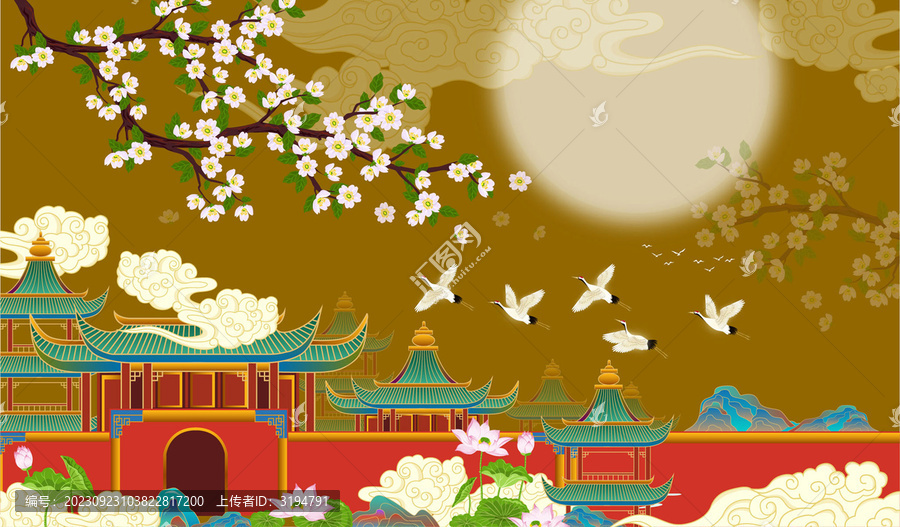 仙鶴皇宮云紋樓閣插畫(huà)