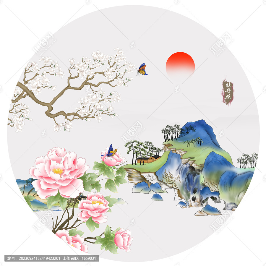 圓形國潮山水花鳥圖