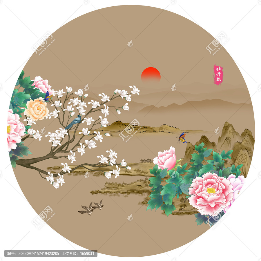 國潮牡丹花山水插畫