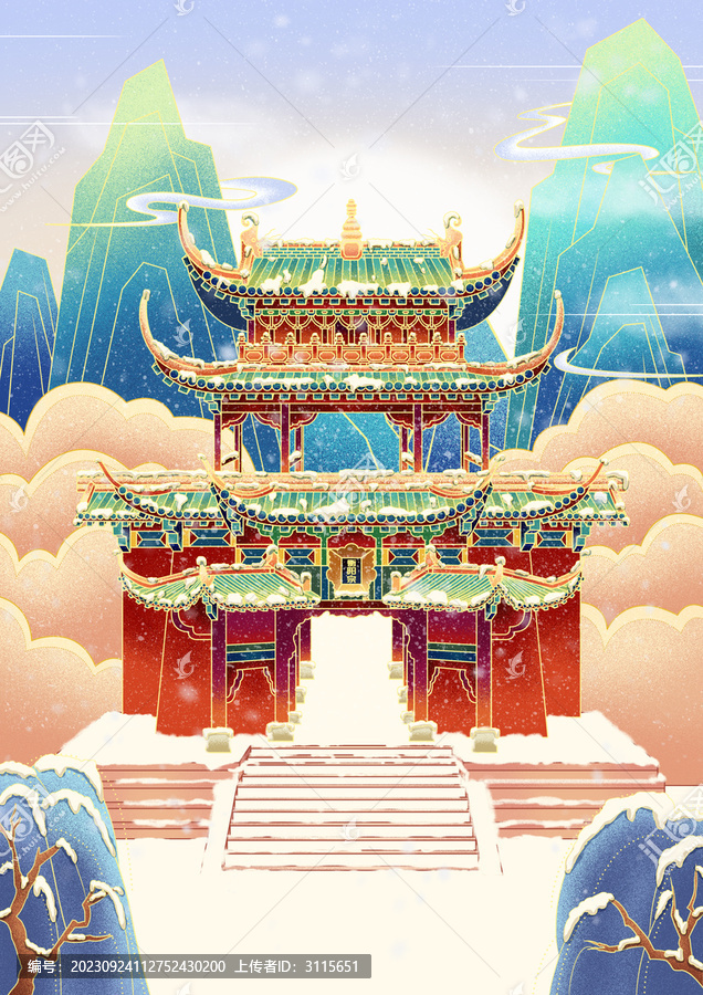 國(guó)潮古建筑雪景插畫