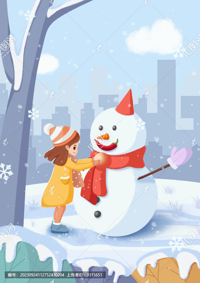 冬至堆雪人肌理喜慶插畫