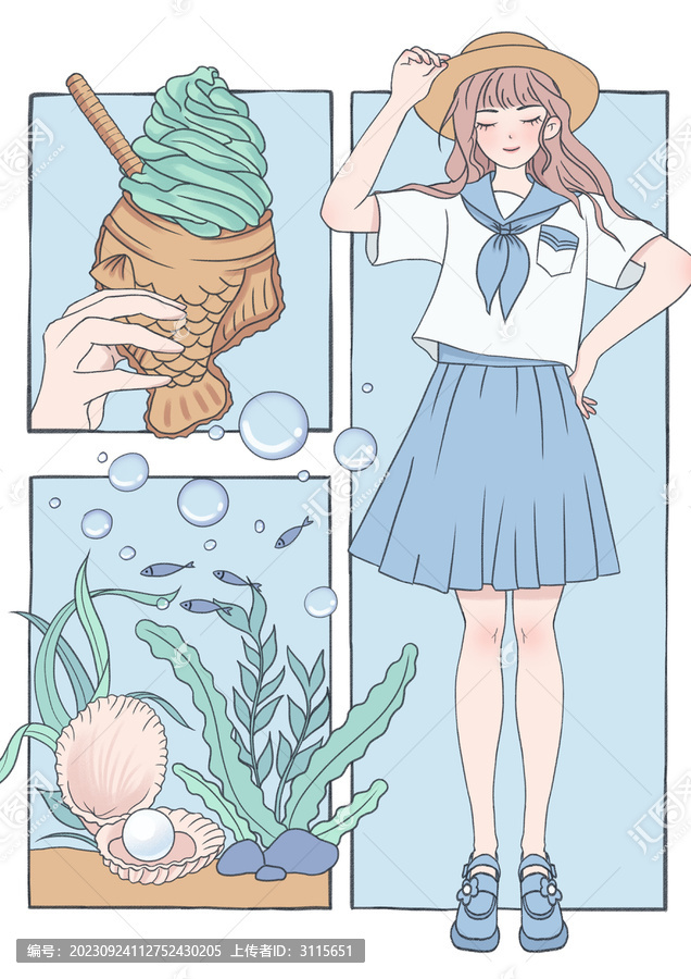 清涼夏日藍(lán)色系分鏡插畫