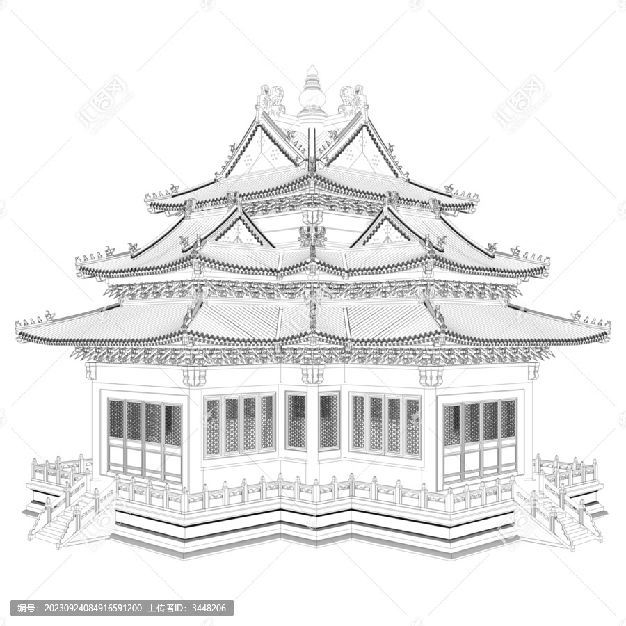 故宮角樓背面軸測線稿圖
