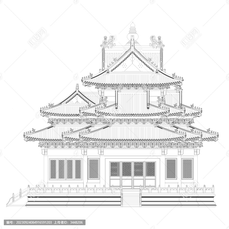故宮角樓正東立面線稿圖