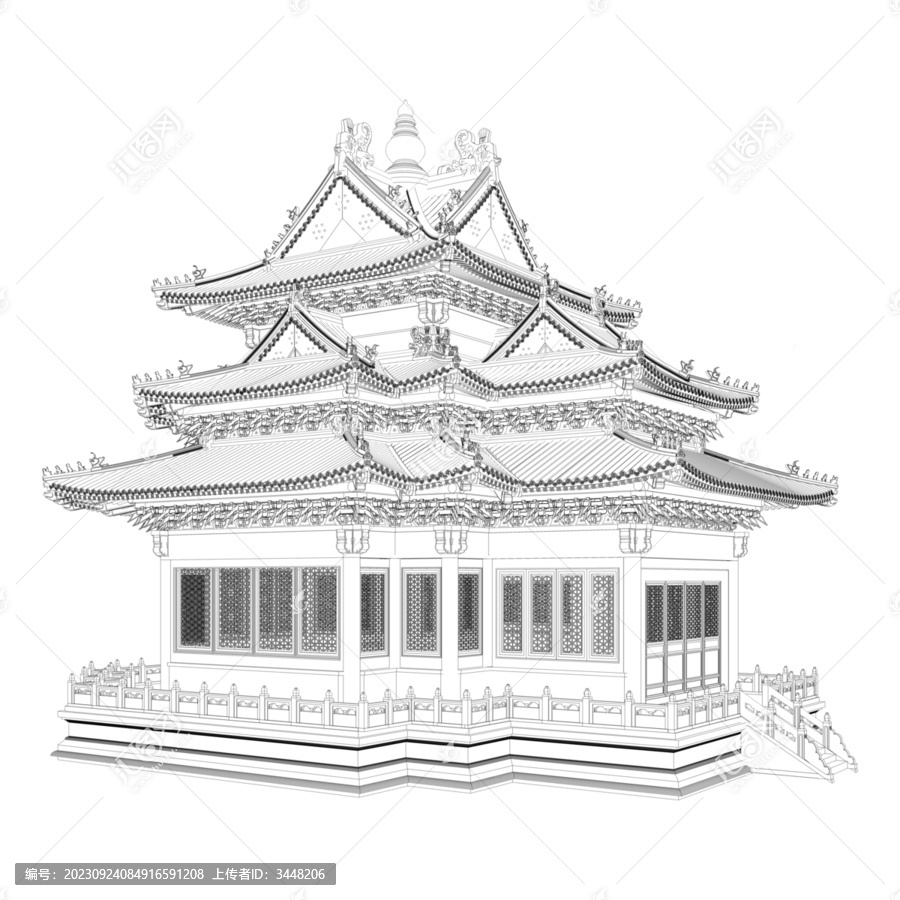 故宮角樓軸測(cè)線稿圖