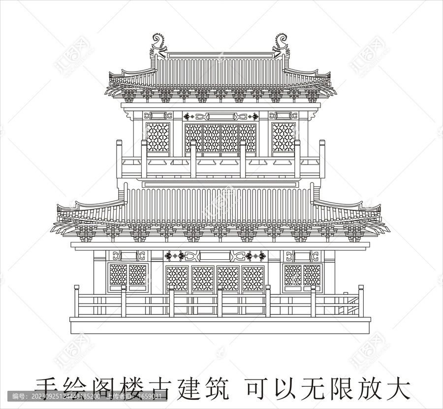 手繪刺繡閣樓古建筑