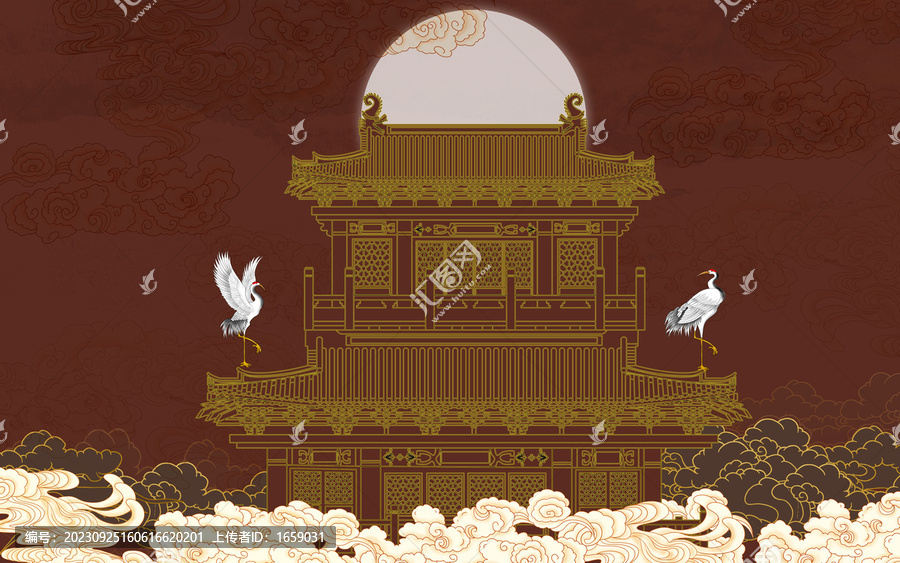 高端古建筑酒店背景墻