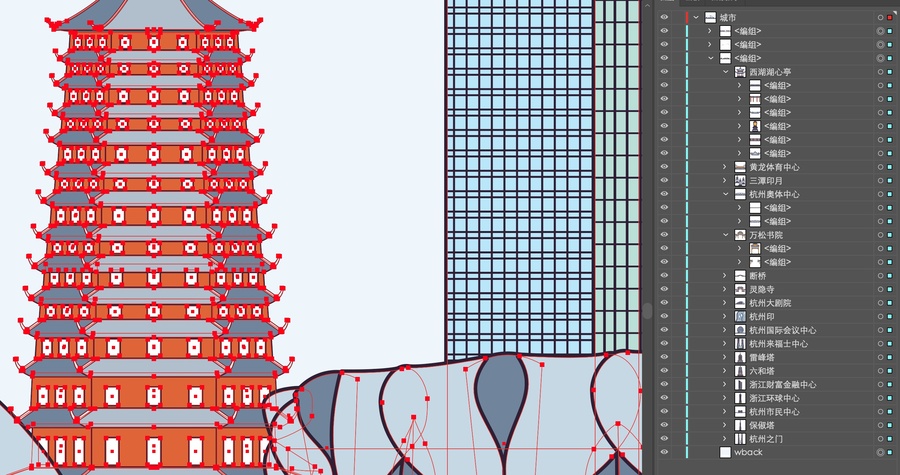 彩色杭州城市地标建筑插画