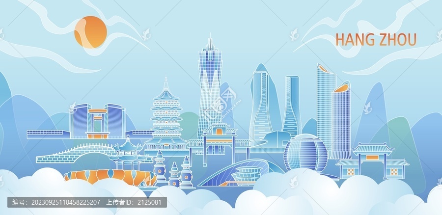國(guó)風(fēng)插杭州建筑城市地標(biāo)矢量
