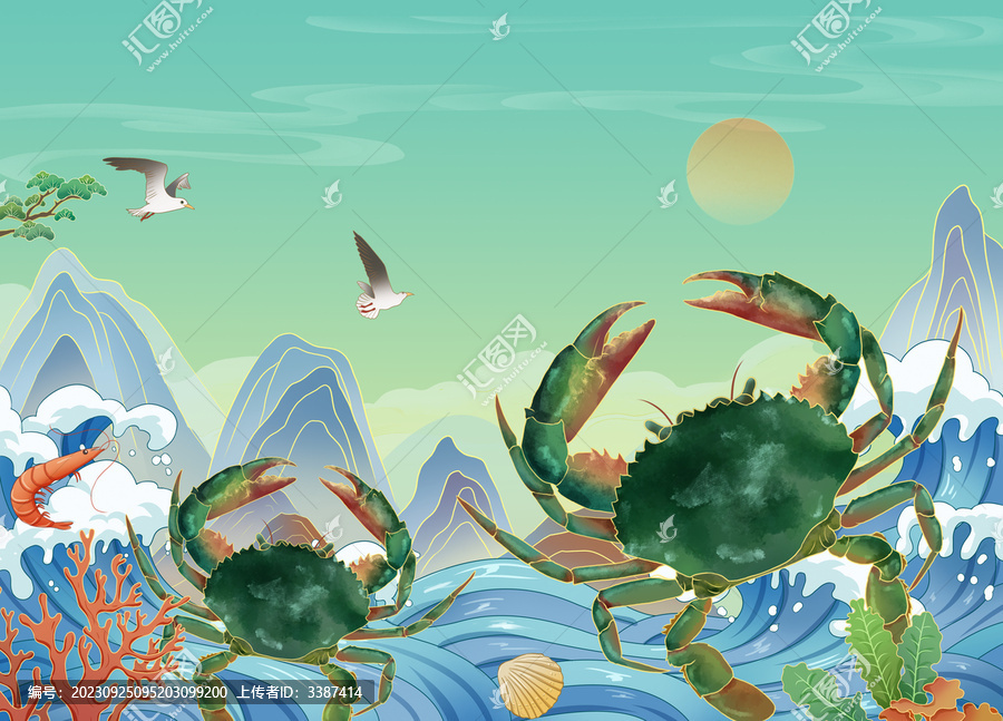 國風青蟹海鮮手繪插畫