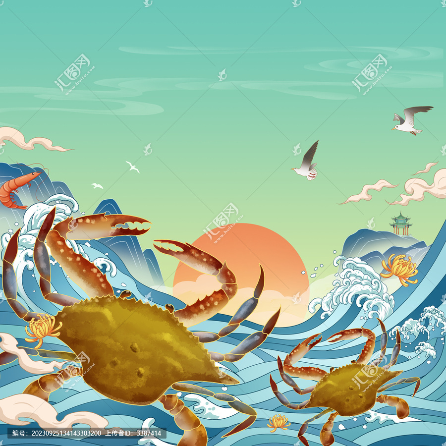 國風梭子蟹手繪插畫