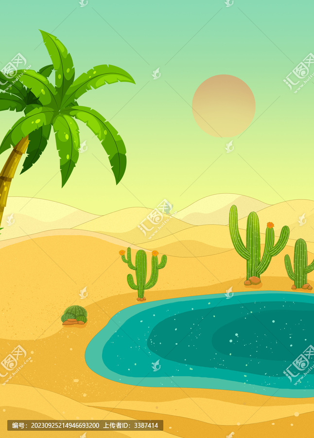 國風沙漠綠洲手繪插畫